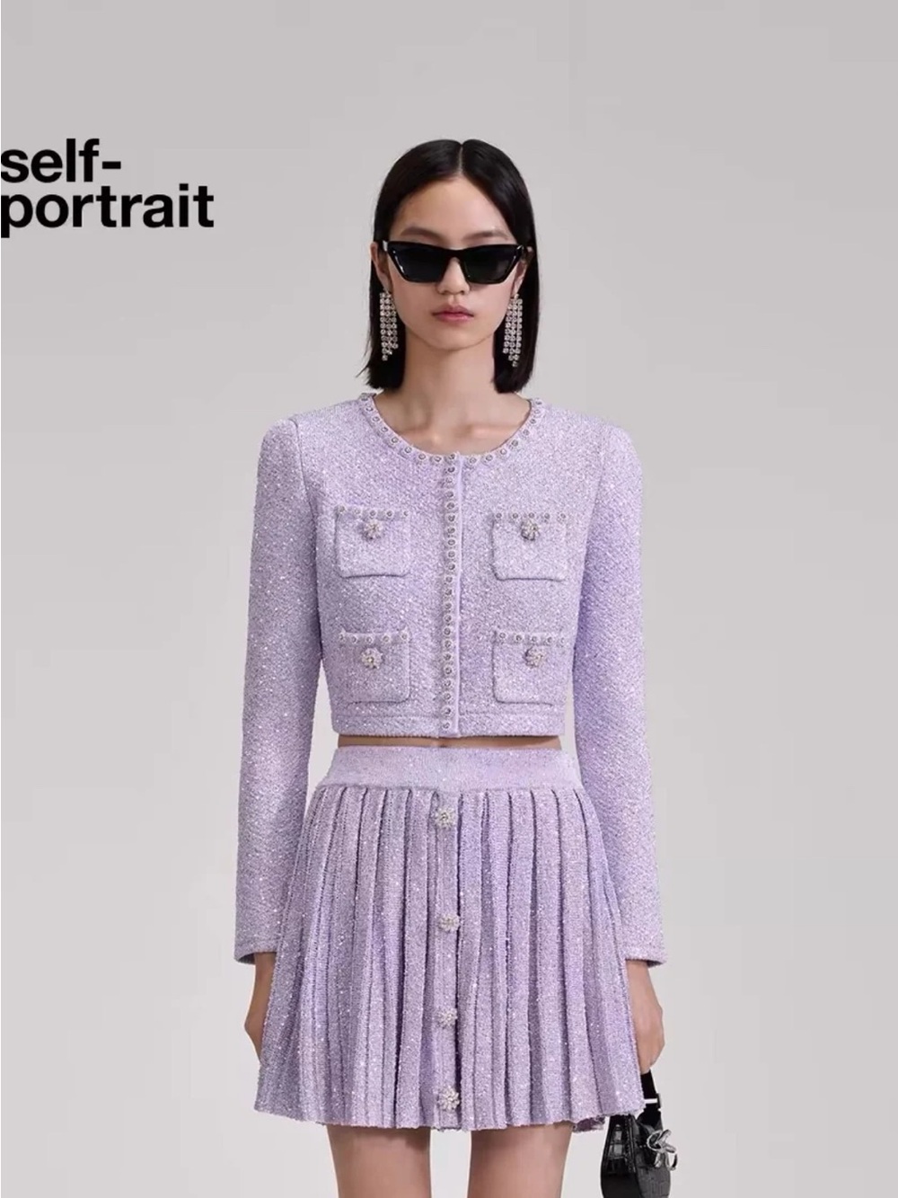 Self-Portrait Lilac embellished Cropped Jacket and skirt set